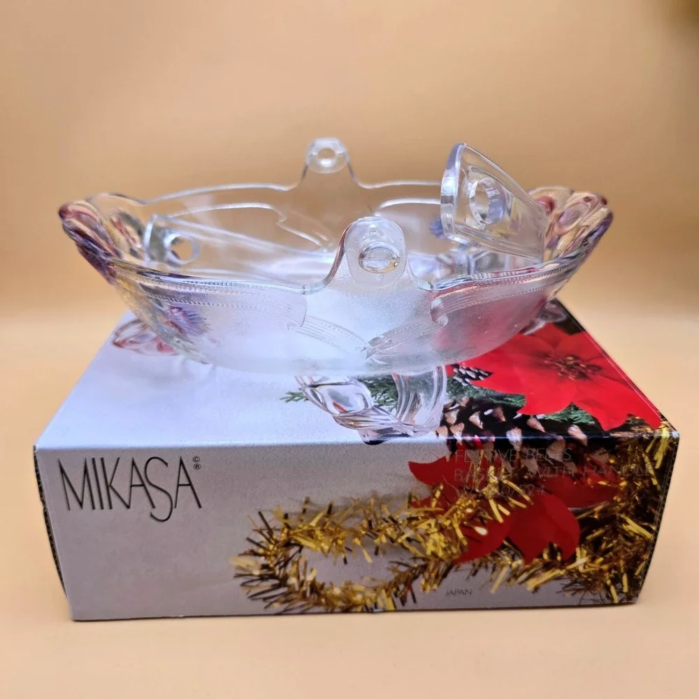 Mikasa Festive Bells Glass Basket‎ with Handle Christmas WY160/524 Japan Clear
